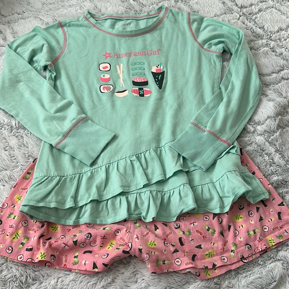 American Girl Mint Green and Pink Ruffle Long Sleeve Shirt Set